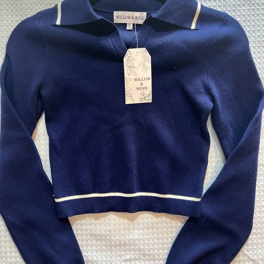 Willow‎ & Wind Xs Cropped Collared Knit Sweater Dark Navy Long Sleeve Soft Cozy